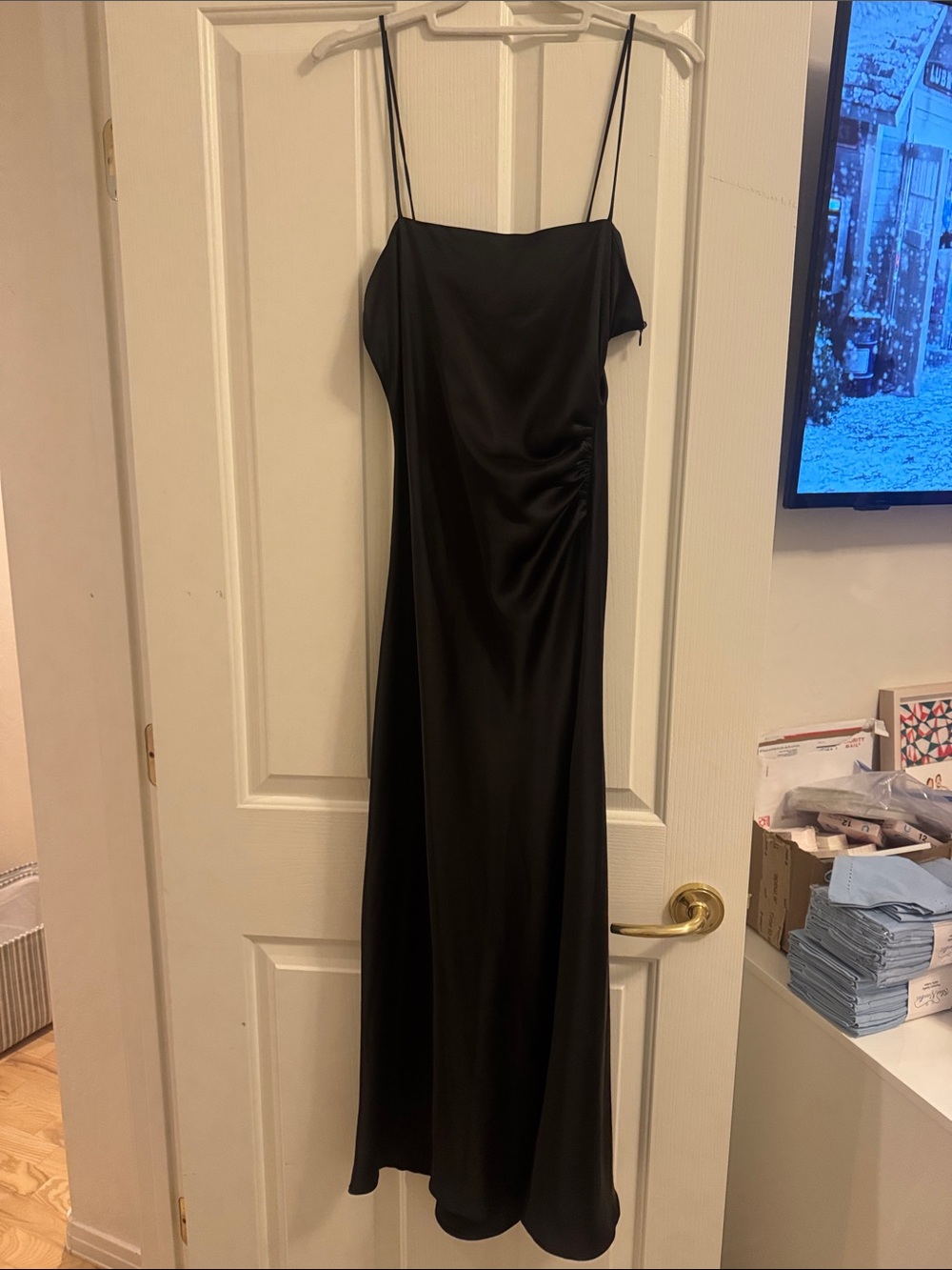 Zara Black Satin Maxi Slip Dress with Spaghetti Straps